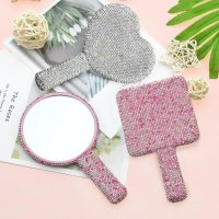 Makeup Mirror Glitter Rhinestone Decor Square Round Heart Vanity Mirror Handheld Mirror Women Girls