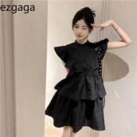 Ezgaga 여성용 미니 드레스 플라잉 슬리브 프릴 프렌치 스타일 시크한 싱글 브레스티드