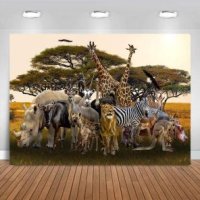 [아마존]Fanghui 2.1x1.5m(7x5피트) 열대 아프리카 숲 정글 사파리 풍경 배경 대형 배너 현실적인 동물 기린 영양 사자 사진 배경 용품 포토부스 소품