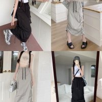 미국 빈티지 여름 Drawstring Pleat 분할 긴 치마 슬리밍 단어 엉덩이