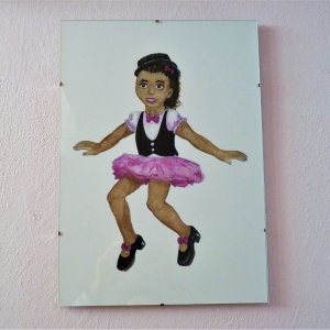 분홍색과 검은색 의상을 입은 작고 귀여운 작은 갈색 탭 댄서 소녀 AQUAREL 아트 프린트 페인팅 홈 월 장식