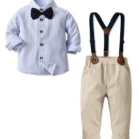 SANGTREE 남자 아기 옷 나비 넥타이가 달린 드레스 셔츠 멜빵 바지 - 14세 W02