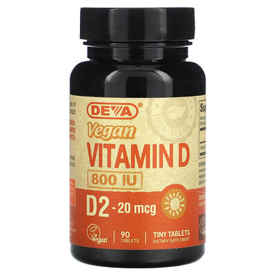 데바 Deva <b>비건 비타민</b>D, D2, 20mcg(800IU), 90정