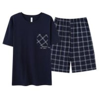 남자 잠옷 세트 남성 여름 숏 소매 코튼 격자 무늬 o 목 홈 의류 젊은 Homewear