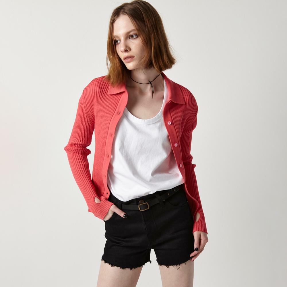 [이안 조] RIBBED COLLAR KINT CARDIGAN (VIVA MAGENTA)