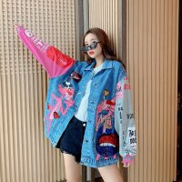 Harajuku Oversize Denim Jackets Women Oversized Jacket Patchwork Color Streetwear Cartoon Print Jean