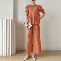 PLEATS 큐닛 코사지 반팔 팬츠 플리츠 set