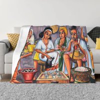 Ethiopian Painting Art Blanket Flannel Coffee Ceremony Cozy Soft FLeece Bedspread