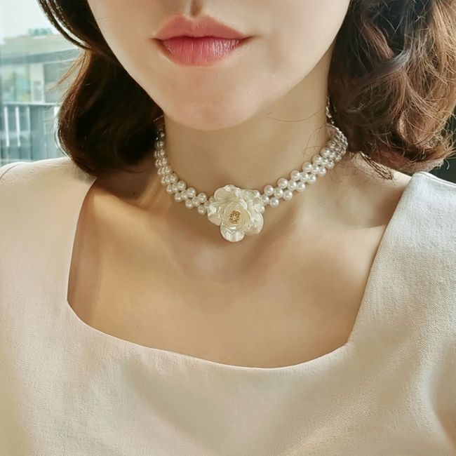 바이진주리본 화이트로즈 자개꽃 진주 초커 목걸이 CN2211