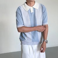 Vuelo Knit 남자 여름 부클 스트라이프 단가라 여름 휴가 바캉스 단추 카라 니트