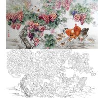 포도 수탉 닭 병아리 민화 밑그림 도안 한국화 그리기