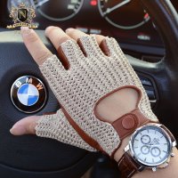 Latest Man Locomotive Half Finger Sheepskin Gloves Knitted Leather Driving Gloves Male Semi-Finger