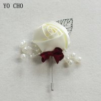 YO CHO 웨딩 Corsage Flower 실크 장미 신랑 Boutonniere 단추 구멍 핀 남자 플래너 결혼