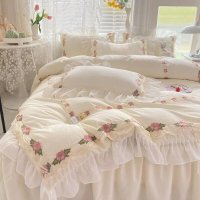 Korean Style Brushed Floral Chiffon Ruffles Girls Bed Skirt Single Queen Bedding Set Duvet Cover Set