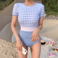 서핑슈트 빅사이즈여성수영복 여성용 하이웨이스트 체크무늬 수영복 백리스 섹시한 모노키니 아시아 비치웨어 여름