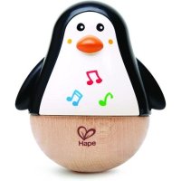 Hape Wobbler Roly Poly 나무 펭귄 음악 장난감, 영유아용 아기 발달 장난감, 블랙