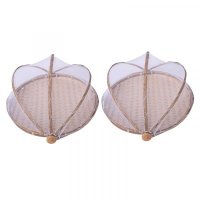 2X Bamboo Woven Bug Proof Wicker Basket Dustproof Picnic Fruit Tray Food Bread Dishes Cover With Gau