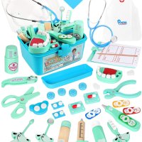 VANPLAY DOCTORS CASE WOODEN DOCTOR TOY 어린이를 위한 진짜 청진기 파란색 역할 놀이 선물 3 4 5년(42개)