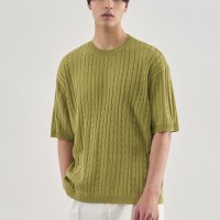 DRAW FIT 케이블 반팔 라운드 니트 OLIVE CABLE HALF ROUND KNIT