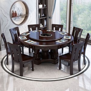 원목 식탁 원형 가정용 의자 조합 중국식 룰렛 포함 식당 꽃조각 오크 대원 밥상  1.6m+8 의자 (색상메모) 90cm 돌림판