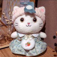 PKTOYS DIY 행운 빵덕이 고양이 인형 오가닉 애착 봉제 안고자는 생일 크리스마스 선물  공룡 헤어 밴드 꽃 그린 스커트 딸기 가방  30cm (선물 상자)