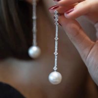 Long Pearl Zircon Dangle Earring Filled Party Wedding Drop Earrings for Women Bridal Enga