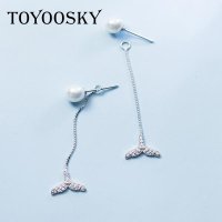 TOYOOSKY 925 스털링 인어 꼬리 매달리는 귀걸이 진주 구슬 귀걸이 보석 야생마 분리형 보석