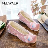 Veowalk 최대 발가락 여성 자카드 슬립 Hanfu 플랫 신발 중국 꽃 수 놓은 코 튼 원단 의상