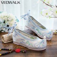 Veowalk 중국어류트 수 놓은 여자 빈티지 코 튼 원단 Hanfu 플랫폼 신발 우아한 숙 녀 캐주얼 스