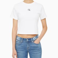 CALVIN KLEIN JEANS 여 로고 뱃지 크롭 반팔 티셔츠 BEH J221595