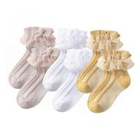 YUEN 3 Pack Little Girls Cotton Lace Socks Lace Ruffle Frilly Comfortable Princess Style Dress Socks