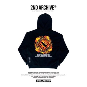 2nd Archive 세컨아카이브 남자 불꽃 써클 로고 후드맨투맨 그래픽 긴팔 티셔츠