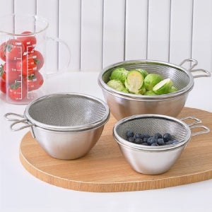 리본제이 스테인리스 뉴 미니 숏핸들 믹싱볼 채반 세트 3종 세트 / 과일 야채 바구니 채망 계량컵