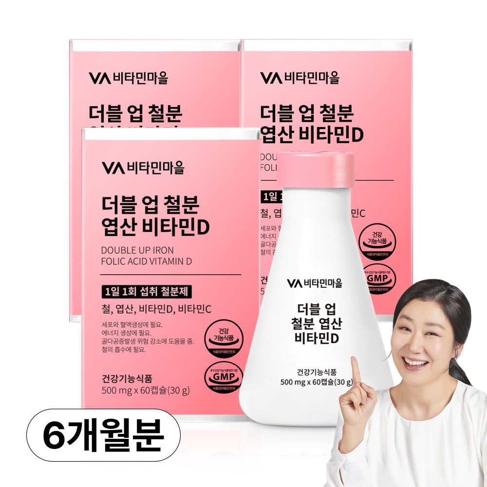 비타민마을 <b>와이즈</b> 더블업 철분 엽산 비타민D  60정  3개