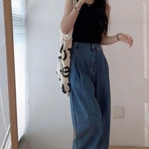 sale 하이웨스트 여자 와이드 청바지 일자 배기 핀턱 데님