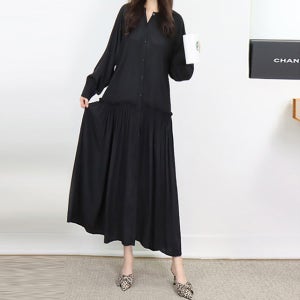 사랑스러움 가득 블랙 루즈핏 라운드넥 프릴 롱 원피스 [긴팔 면 단추 박시 박스 셔츠 셔링 플리츠 주름 버튼 봄 가을 편한 데일리룩 여행룩 고급 브랜드 명품보세 러블리 날씬해보이는