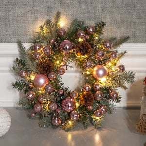 [🌟파격특가] 아멜리아로즈핑크리스 300Ø(mm) [완제품](LED 50P 드럼전구 3in1 웜 포함 별도포장)(건전지+USB호환/리모컨+콘센트포함)