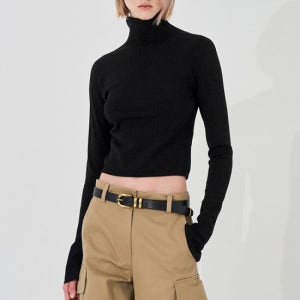 시스템 하이넥 크롭 리브 니트 탑