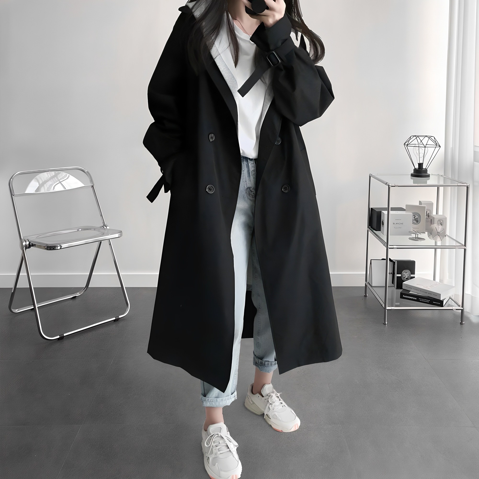 오버핏 빅사이즈 더블버튼 롱 트렌치 코트 117cm 블랙