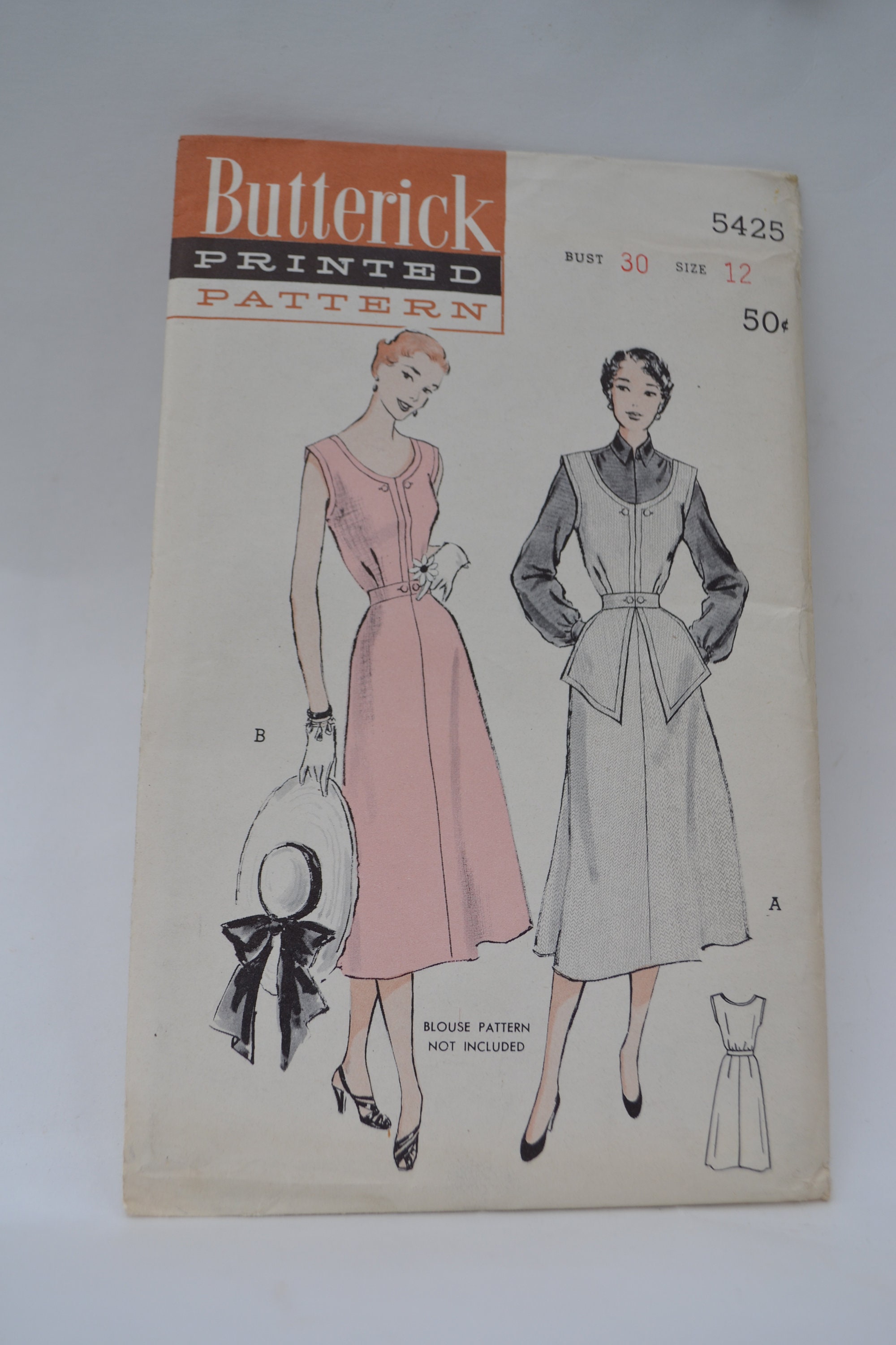 <b>5425</b> BUTERICK 1950 빈티지 프린트 바느질 패턴 원피스 점퍼 또는 민소매 드레스 바스트 30 사이즈 12 언컷