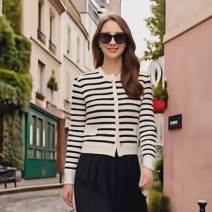 어반 레이디 아이보리 스트라이프 숏 니트 가디건[라운드넥 배색 패턴 버튼 단추 짧은 긴팔 부드러운 고급 브랜드 봄 가을 겨울 아우터 겉옷 외투 아웃터 명품보세 데일리 여행룩 나들이