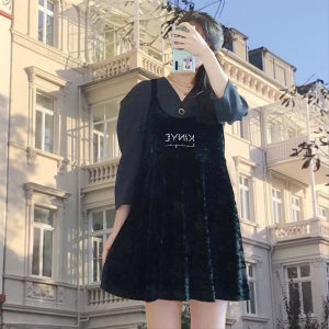 블랙 벨벳 뷔스티에 레이어드 플레어 미니 원피스 드레스, 킨예(KINYE)