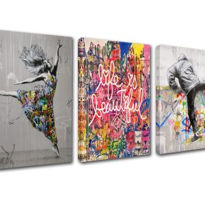 뱅크시 그래피티 벽 예술 클래식 거리 예술 그림 춤추는 소녀 사랑의 단어 거실용 예술 작품 3 패널 캔버스에 인쇄 집 장식 액자에 걸 수 있음