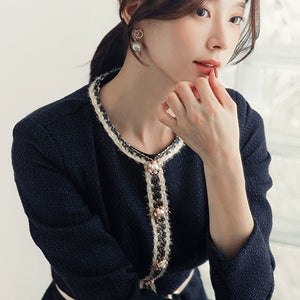 주프 골드 프린지 배색 플레어 트위드 원피스