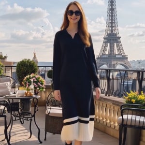 이자벨 블랙 카라넥 V트임 하프 플리츠배색 롱 니트 원피스[브이넥 긴팔 주름 셔츠 남방 봄 가을 겨울 편한 데일리룩 여행룩 고급 브랜드 명품보세 러블리 날씬해보이는]