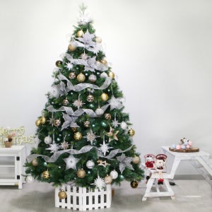 [트리나라] 최고급 유리볼 장식 전나무트리 리본장식 210CM 화이트골드 세트(LED전구포함)