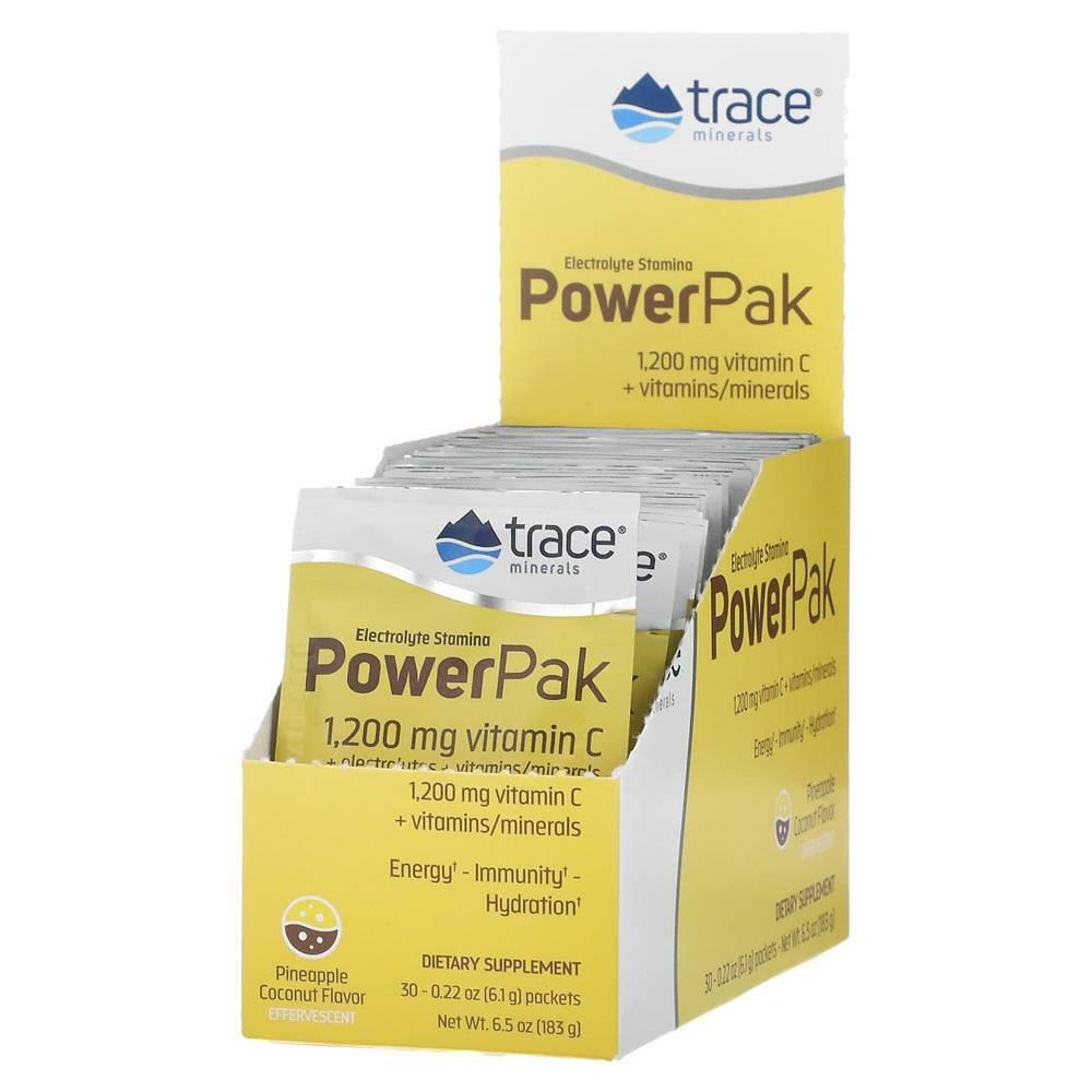 미국직구 Trace Minerals 트레이스미네랄 파워팩 1200mg <b>비타민C</b> <b>파인애플 코코넛</b>맛 6.1g 30봉