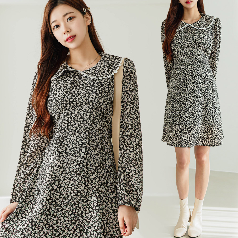 헤링본 블랙 플라워 미니 원피스 HE036