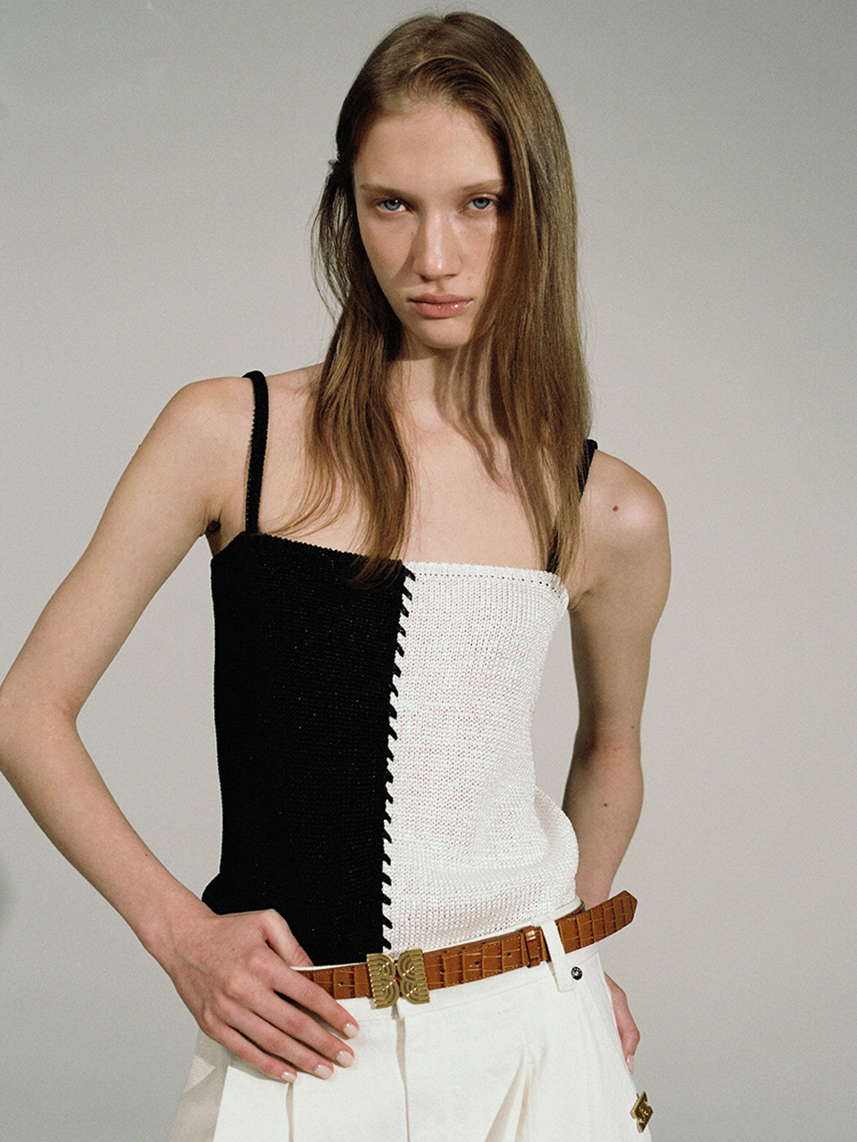 YON Stitched Color Block Knit Top - Black/White