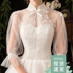 Light wedding dress 2023 new style French retro stand-up collar one-shoulder long-sleeved super fair